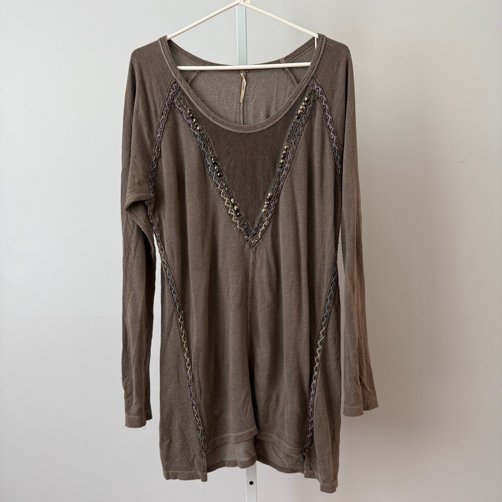 Free People M Brown Tunic Beaded Embellished Boho Top Relaxed Festival slouchy